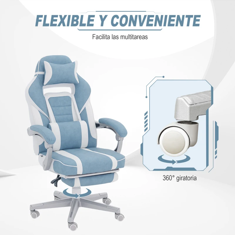 HOMCOM Silla Gamer Reclinable con Altura Ajustable Reposapiés Retráctil Soporte Lumbar y Reposacabezas Desmontable Azul