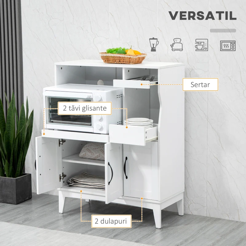 HOMCOM Bufet de Bucătărie cu 2 Dulapuri, Sertar și Rafturi Extensibile pentru Cuptor cu Microunde, 84x39x109 cm, Alb