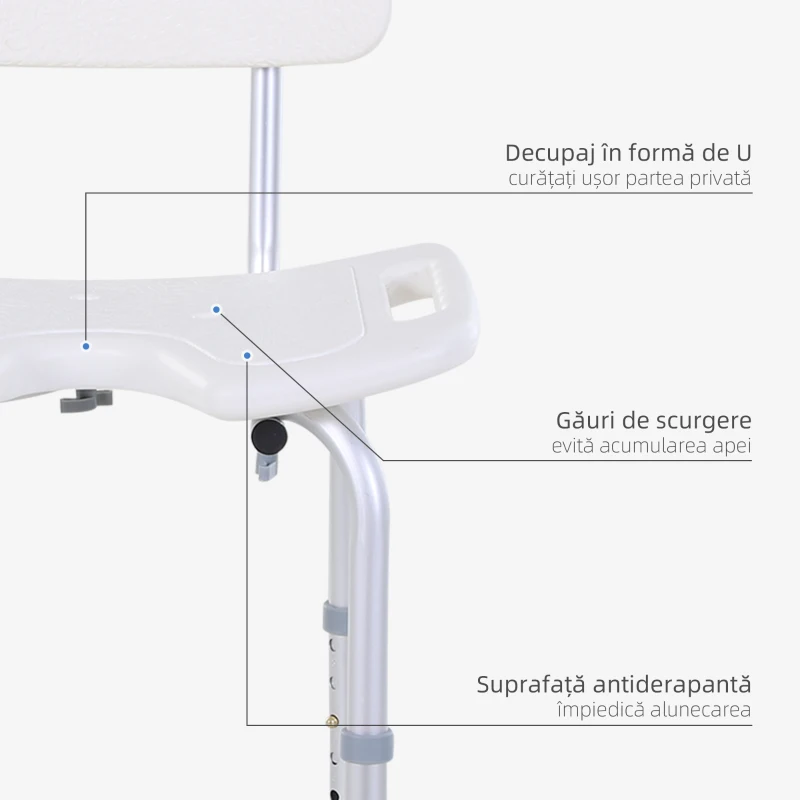 HOMCOM Scaun de Duș Reglabil pe 8 Nivele cu Orificii de Drenaj și Șezut în Formă de U, 48x42x71-83,5 cm, Alb