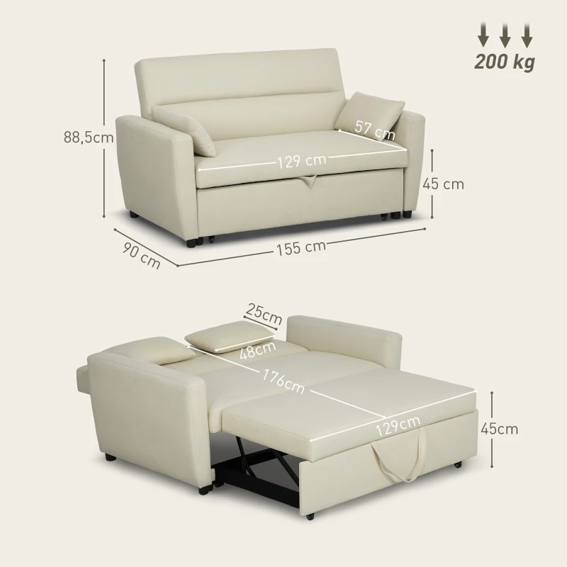 HOMCOM Sofa 2-osobowa z Funkcją Spania, Regulowane Oparcie, Tapicerka Aksamitna, do Salonu, Sypialni, Beżowy(m-3)