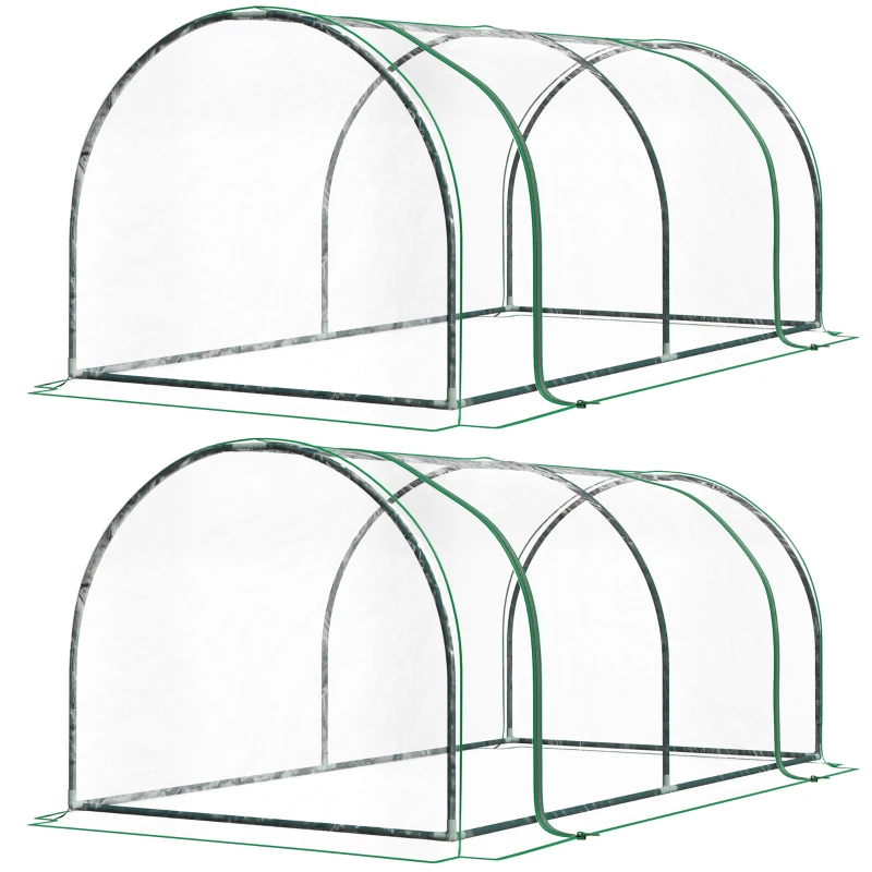 Outsunny Set of 2 Tunnel Greenhouse, Green Grow House with Roll-up Door, Steel Frame, Plastic Cover for Garden, Outdoor, 200 x 100 x 80cm, Clear