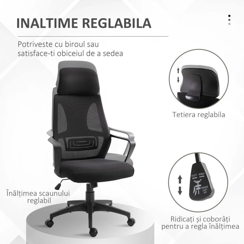 Vinsetto Scaun de Birou Ergonomic cu Brațe și Tetieră Reglabilă, Scaun Pivotant cu Suport Lombar, 64x55x116-126 cm, Negru