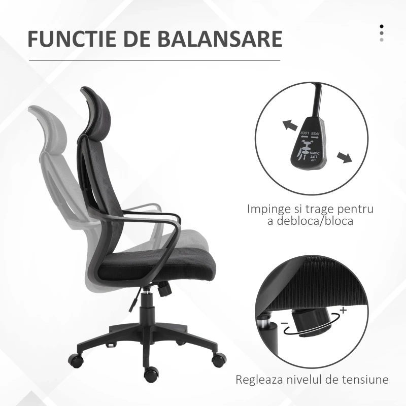 Vinsetto Scaun de Birou Ergonomic cu Brațe și Tetieră Reglabilă, Scaun Pivotant cu Suport Lombar, 64x55x116-126 cm, Negru