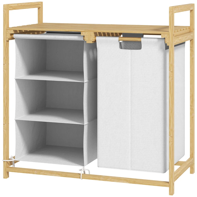 HOMCOM Coș pentru Rufe cu 2 Saci Detașabili, Dulap pentru Rufe de Baie cu Mânere și Raft din Bambus, 70x36x70 cm, Alb