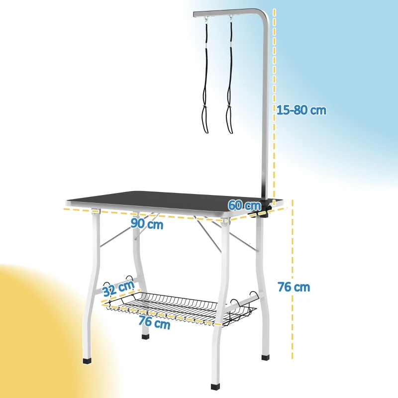 PawHut Hondentrimtafel met verstelbare arm, opbergvak, antislip rubberen oppervlak, 90 x 60 x 76 cm, Zwart