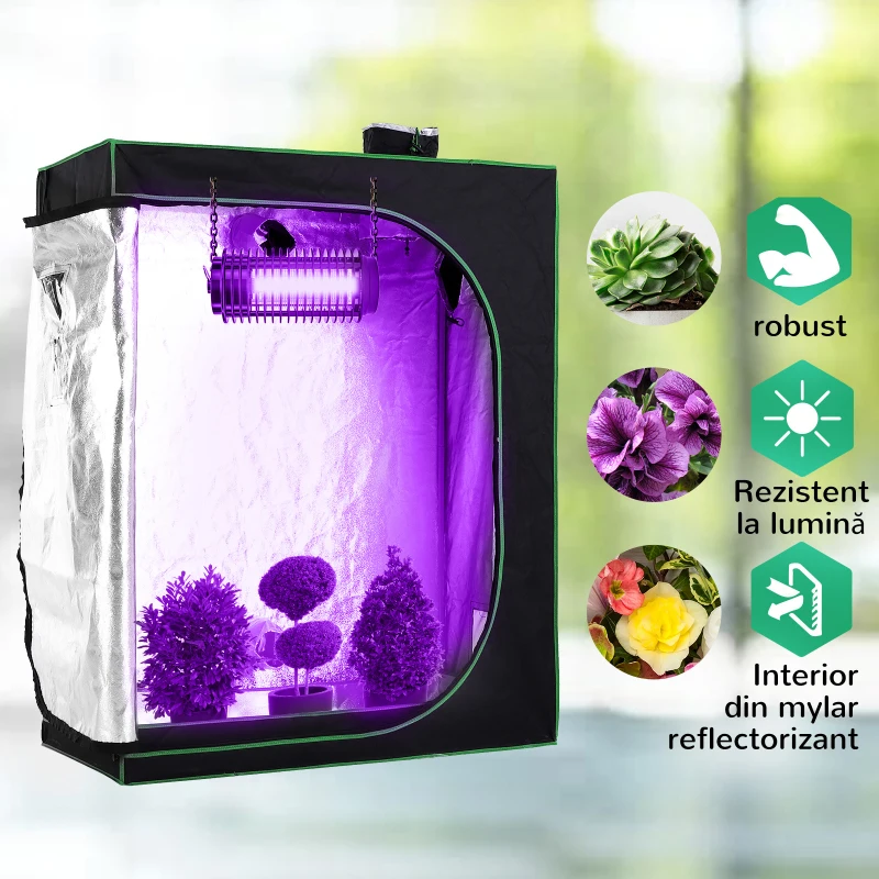 Outsunny Cort Hidroponic pentru Cultivare din Oxford 600D cu 3 Prize de Aer Reglabile și Fereastră, 120x60x150 cm, Negru