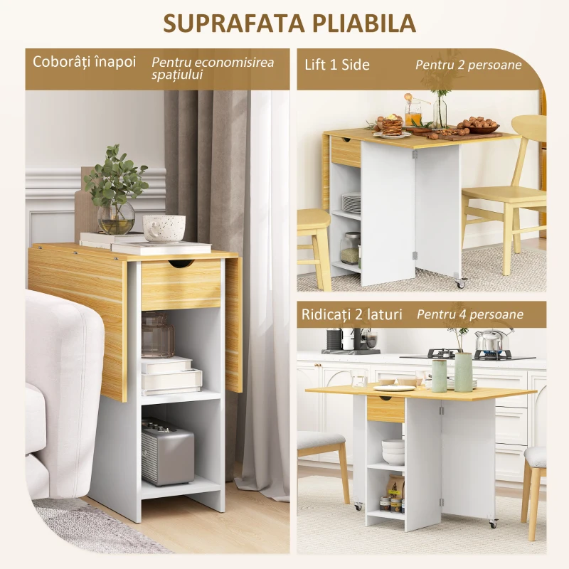HOMCOM Masă Pliabilă, Masă Rabatabilă pentru 2-4 Persoane cu Sertar, 2 Rafturi și 2 Roți, 114,5x70x75 cm, Stejar