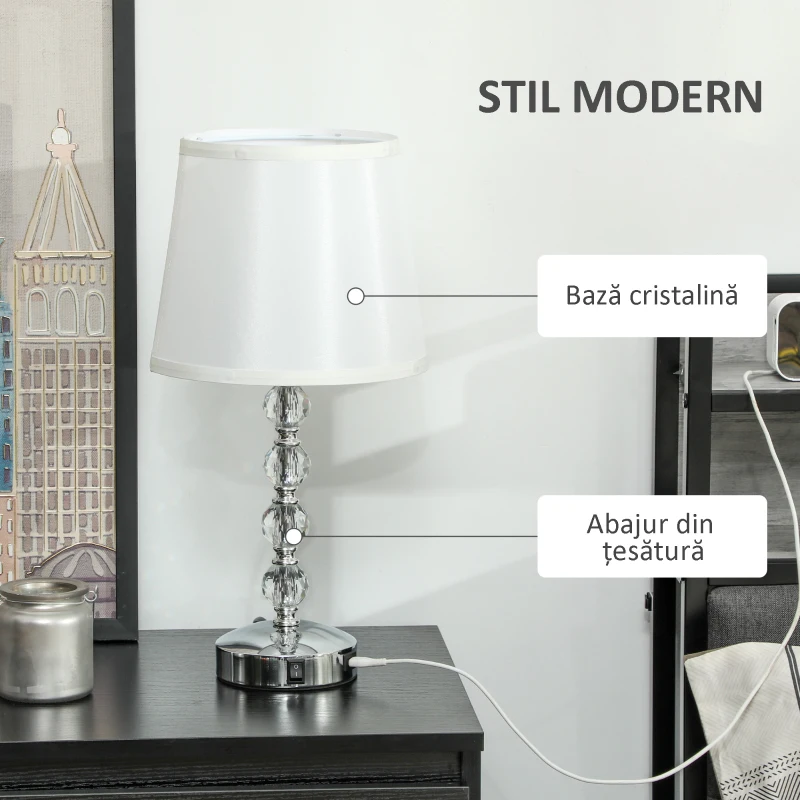 HOMCOM Lampă de Masă cu Buton și Port USB, Lampă Modernă din Metal, Sticlă și Poliester, Ø23x45 cm, Argintiu