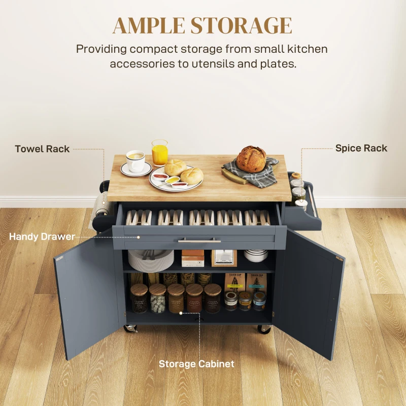 HOMCOM Cărucior Multifuncțional de Bucătărie cu Sertar, Roți, Suport pentru Condimente și Dulăpior, 109x40x89 cm, Gri