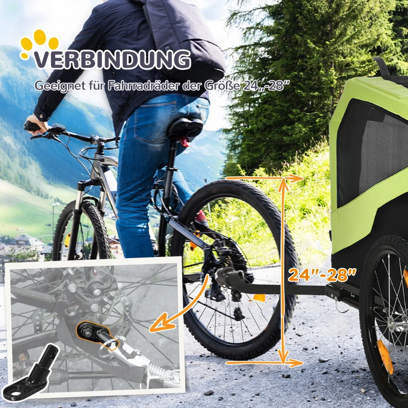 PawHut 2in1 Hondenaanhanger met Duwfunctie, 2 Ingangen, Netvensters, Zonnescherm, Stalen Frame, Groen, 170 x 77 x 90 cm