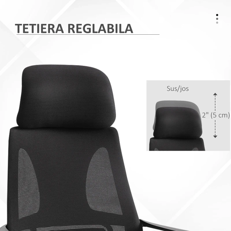 Vinsetto Scaun de Birou Ergonomic cu Brațe și Tetieră Reglabilă, Scaun Pivotant cu Suport Lombar, 64x55x116-126 cm, Negru
