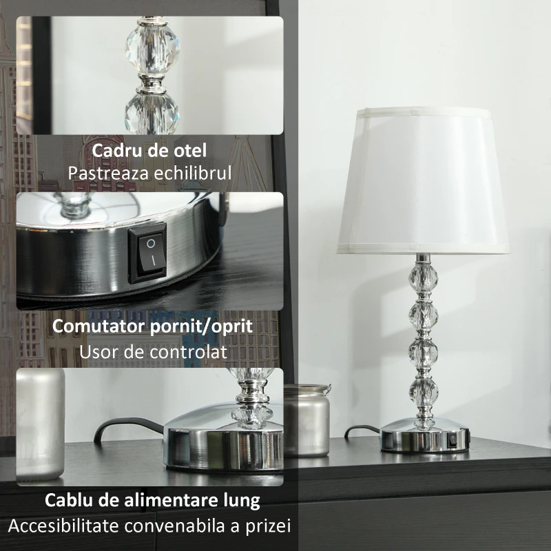 HOMCOM Lampă de Masă cu Buton și Port USB, Lampă Modernă din Metal, Sticlă și Poliester, Ø23x45 cm, Argintiu