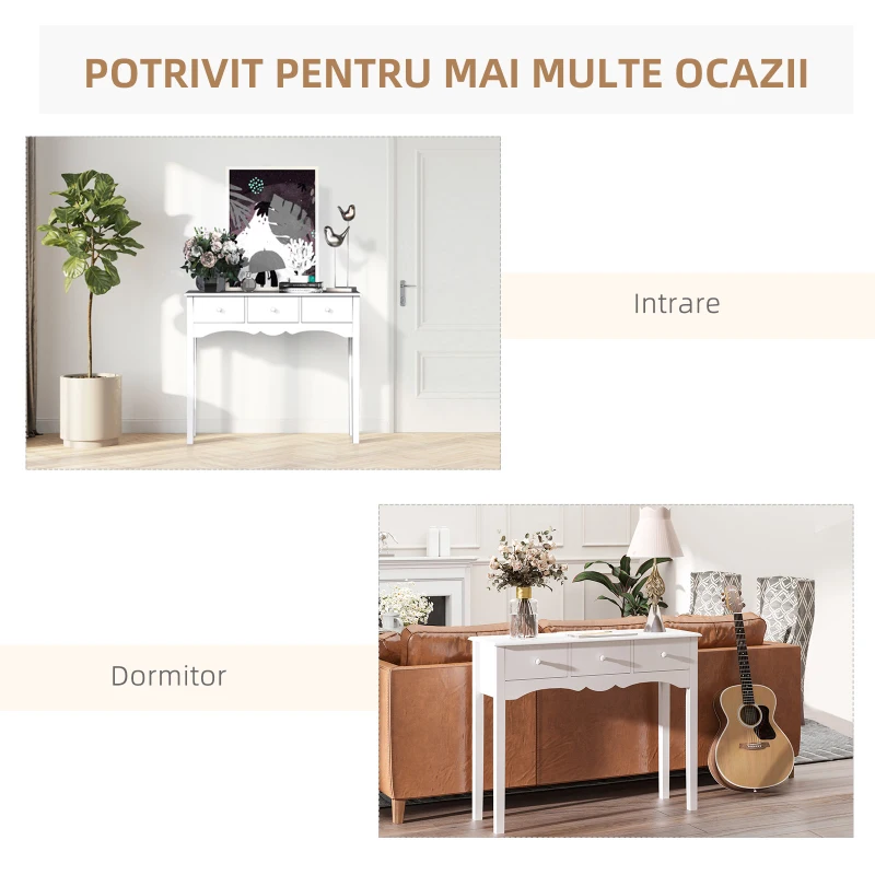 HOMCOM Masă Consolă Modernă cu 3 Sertare, Consolă de Intrare din MDF, pentru Hol, Sufragerie, 100x32x85 cm, Alb