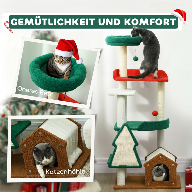 PawHut 135 cm Hoge Kerstkrabpaal met Kattenbed, Kattenhol, Krabpalen, Springplatforms, Speelballen