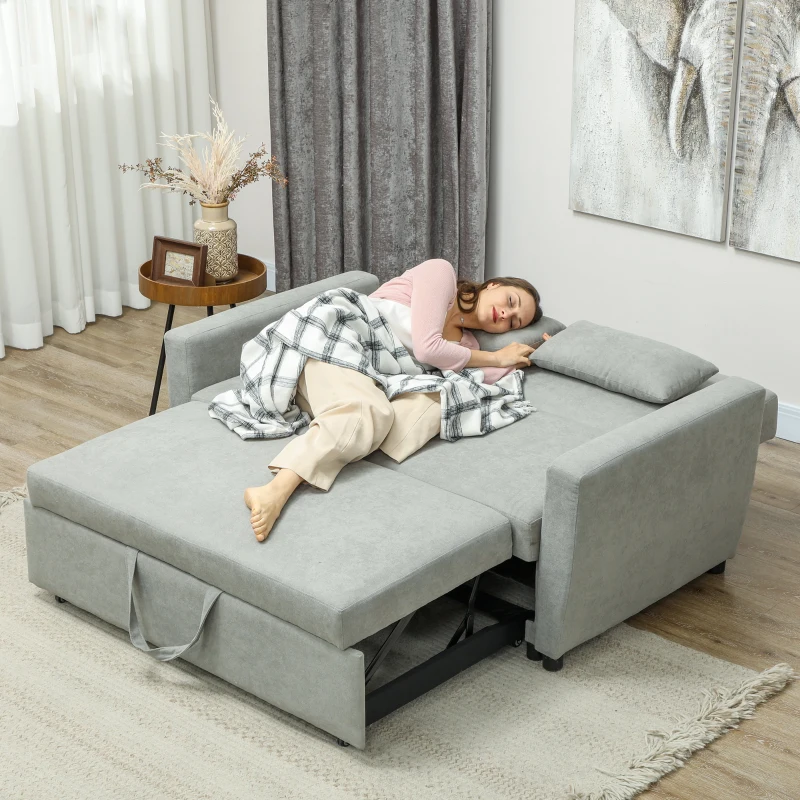 HOMCOM Sofa 2-osobowa z funkcją łóżka, Regulowane oparcie, Kanapa tapicerowana, Wygląd aksamitu, do salonu, sypialni, Jasnoszary