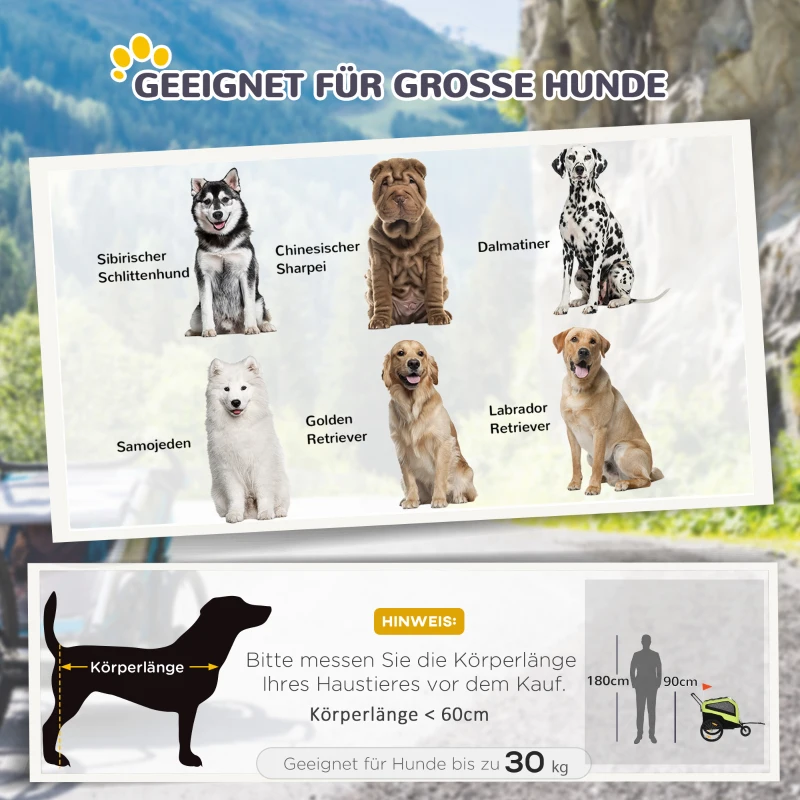 PawHut 2in1 Hondenaanhanger met Duwfunctie, 2 Ingangen, Netvensters, Zonnescherm, Stalen Frame, Groen, 170 x 77 x 90 cm