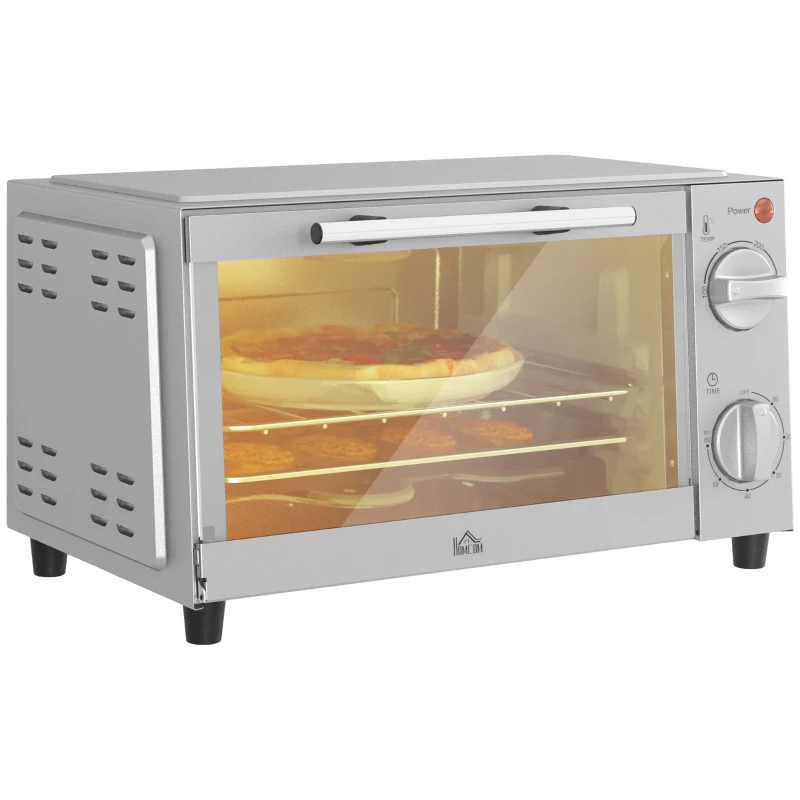 HOMCOM Mini-oven, 9 L met Bakplaat, Grillrooster, Instelbare Temperatuur en Kooktijd, Roestvrij Staal, Zilver(m-10)