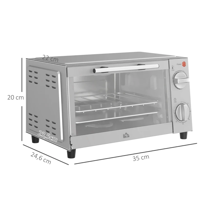 HOMCOM Mini-oven, 9 L met Bakplaat, Grillrooster, Instelbare Temperatuur en Kooktijd, Roestvrij Staal, Zilver(m-3)
