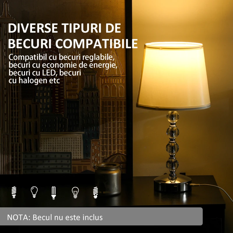 HOMCOM Lampă de Masă cu Buton și Port USB, Lampă Modernă din Metal, Sticlă și Poliester, Ø23x45 cm, Argintiu