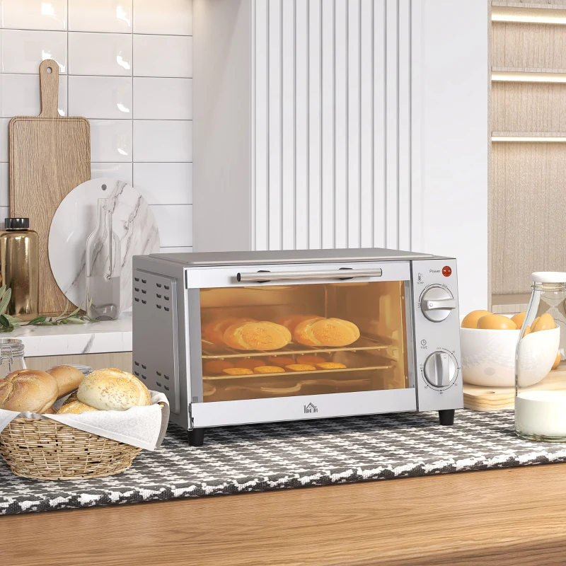 HOMCOM Mini-oven, 9 L met Bakplaat, Grillrooster, Instelbare Temperatuur en Kooktijd, Roestvrij Staal, Zilver(m-2)