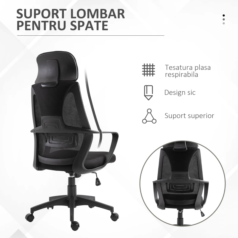 Vinsetto Scaun de Birou Ergonomic cu Brațe și Tetieră Reglabilă, Scaun Pivotant cu Suport Lombar, 64x55x116-126 cm, Negru