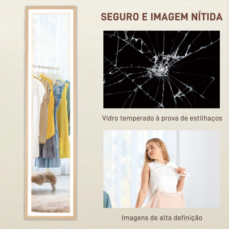 HOMCOM Espelho de Pé com Luz LED 40x160 cm Espelho de Corpo Inteiro com Iluminação de 3 Cores Tátil Função de Memória Madeira