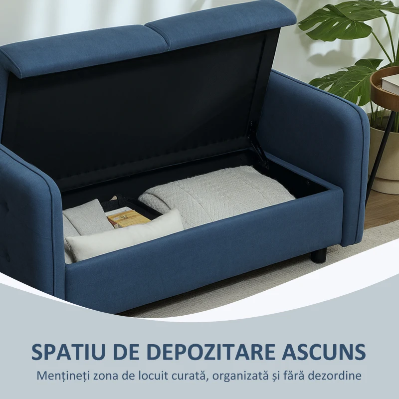 HOMCOM Canapea Modernă cu 2 Locuri, Brațe, 2 Perne Detașabile și Spațiu pentru Depozitare, 136x75x84 cm, Albastru