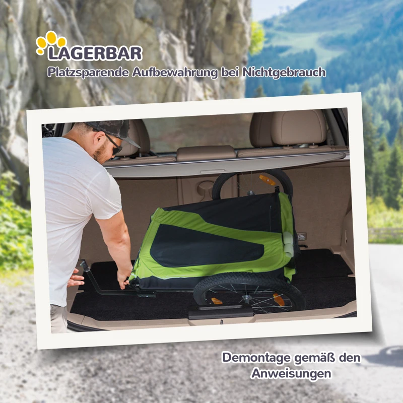 PawHut 2in1 Hondenaanhanger met Duwfunctie, 2 Ingangen, Netvensters, Zonnescherm, Stalen Frame, Groen, 170 x 77 x 90 cm