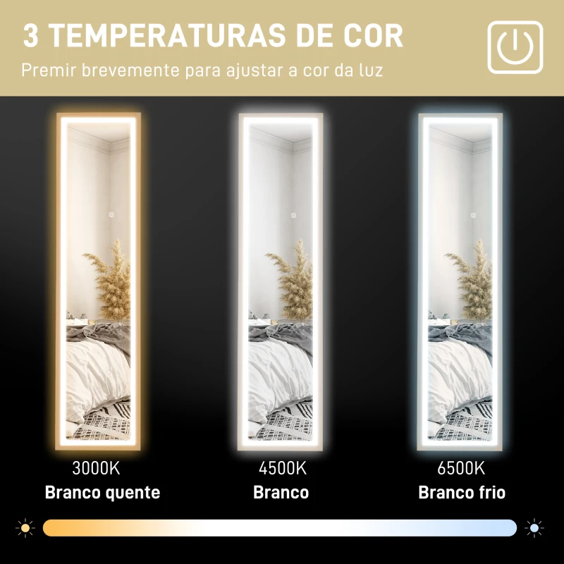 HOMCOM Espelho de Pé com Luz LED 40x160 cm Espelho de Corpo Inteiro com Iluminação de 3 Cores Tátil Função de Memória Madeira