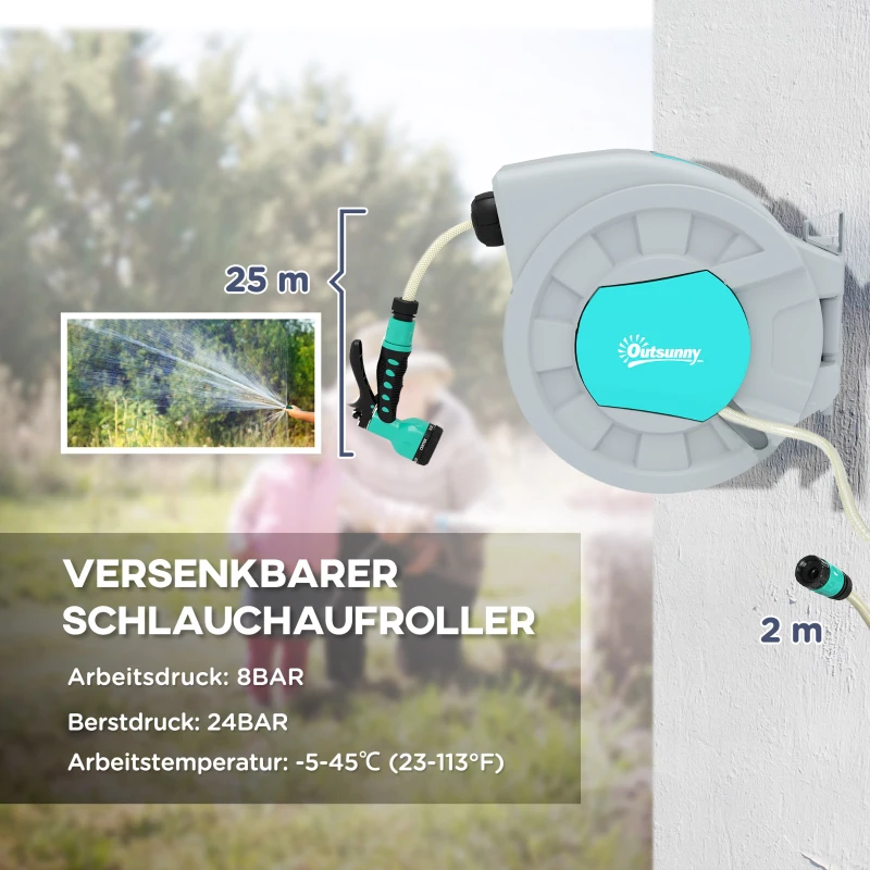 Outsunny Tuinslanghouder, 25+2 Meter Tuinslang in Robuuste Behuizing, Wandmontage, 7 Sproeipatronen, 180° Draaibaar, Grijs