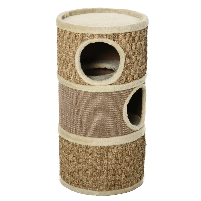 PawHut Kratztonne, Höhe 70 cm, Katzenkratzbaum für katzen 3 Ebenen Katzenbaum Kletterbaum Katzenmöbel mit Sisal Plüsch