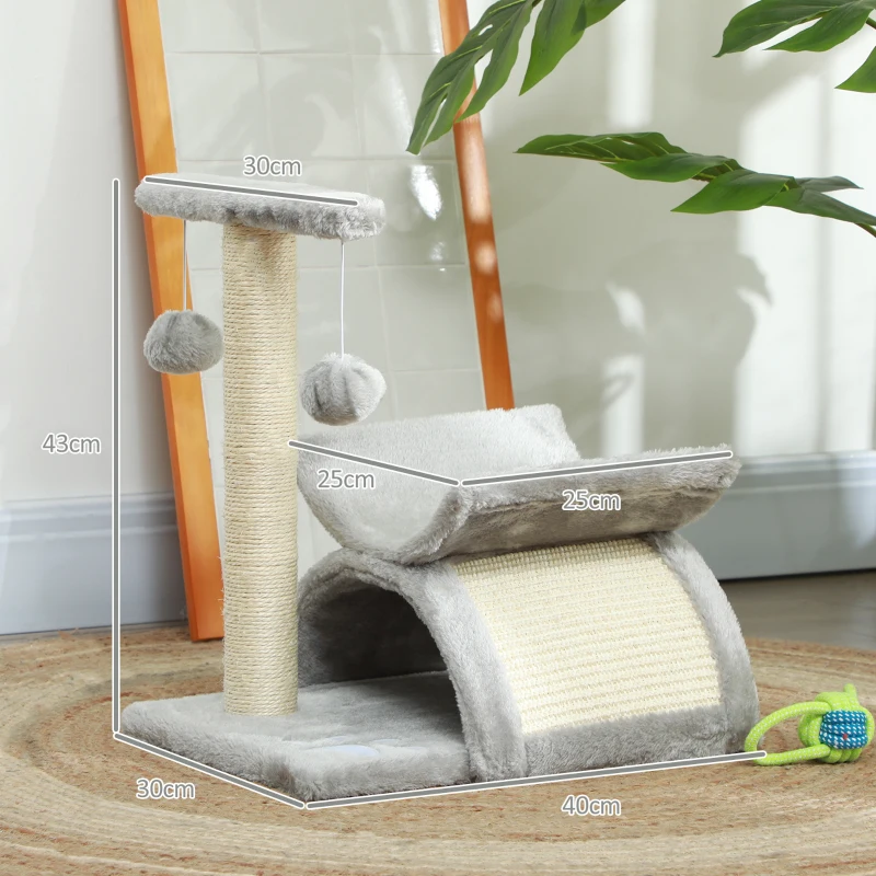 PawHut Árvore Arranhador para Gatos Pequena com Poste Giratório Bolas Suspensas Plataforma Curva e Esconderijo 40x30x43 cm Cinza