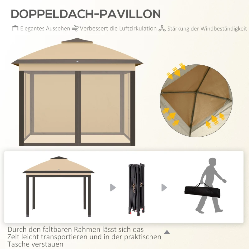 Outsunny Opvouwpaviljoen, Tuinpaviljoen, Metalen en Stoffen Overkapping, Netgordijnen, Afvoergaten, 330L x 330B x 288H cm, Beige