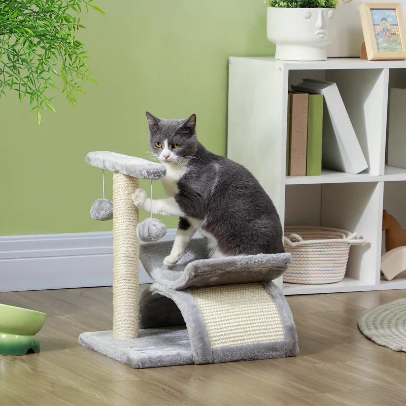 PawHut Árvore Arranhador para Gatos Pequena com Poste Giratório Bolas Suspensas Plataforma Curva e Esconderijo 40x30x43 cm Cinza
