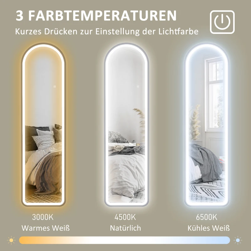 HOMCOM Volledige Lichaamsspiegel, 150 x 40 cm, Vrijstaande Spiegel met Dimbare LED-verlichting voor Woonkamer, Slaapkamer