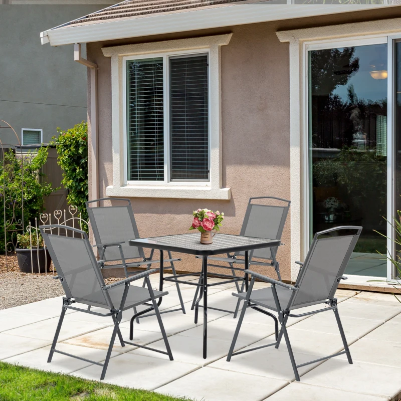 Outsunny Set Tavolo con 4 Sedie da Giardino Pieghevoli e Foro per Ombrellone, Nero