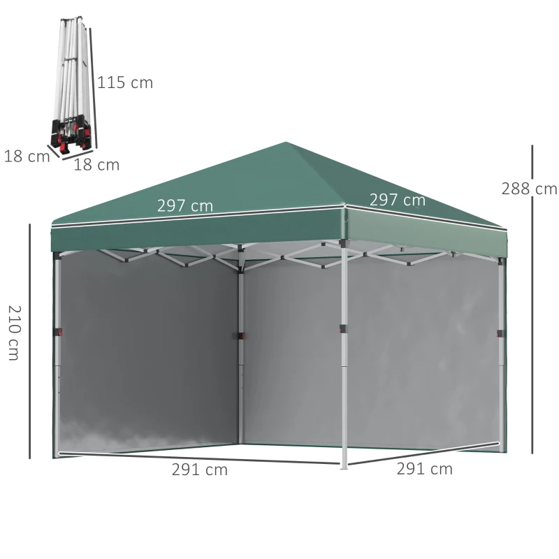 Outsunny Tenda Dobrável Pop-up 297x297x288 cm com 2 Paredes Laterais Anti-UV Altura Ajustável em 3 Níveis e Bolsa de Transporte Verde