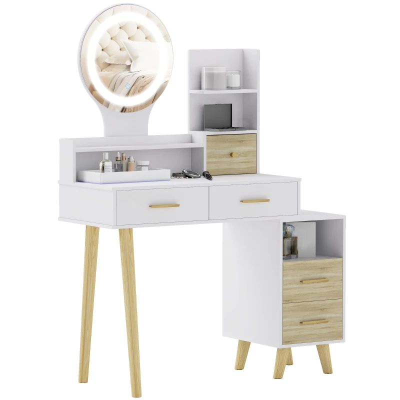 HOMCOM Toucador com Espelho e Luzes LED Ajustáveis 5 Gavetas 4 Compartimentos e 1 Prateleira 100x44x137 cm Branco e Madeira