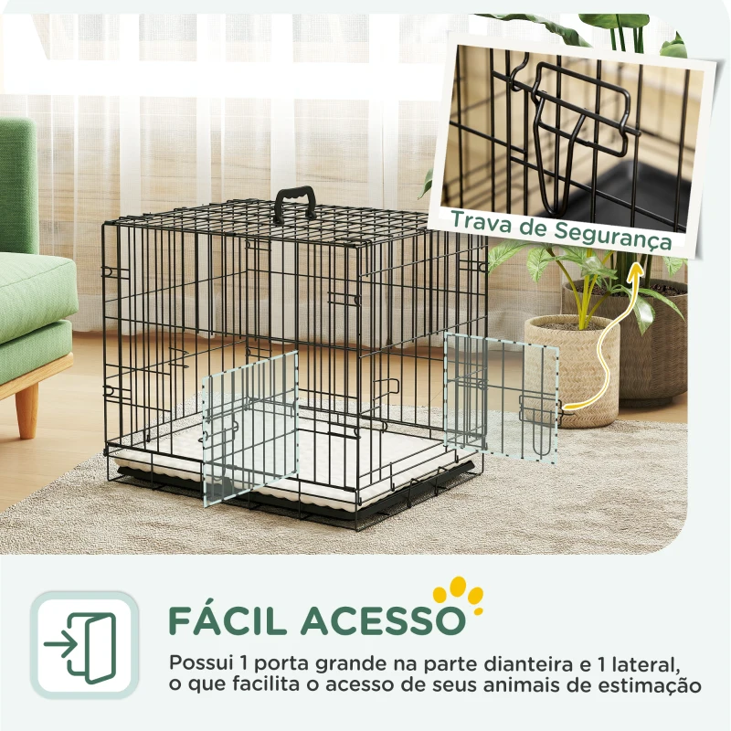 PawHut Gaiola para Cães Dobrável com Almofada com 2 Portas Alça de Transporte Bandeja Removível 60x40x50 cm Preto e Bege