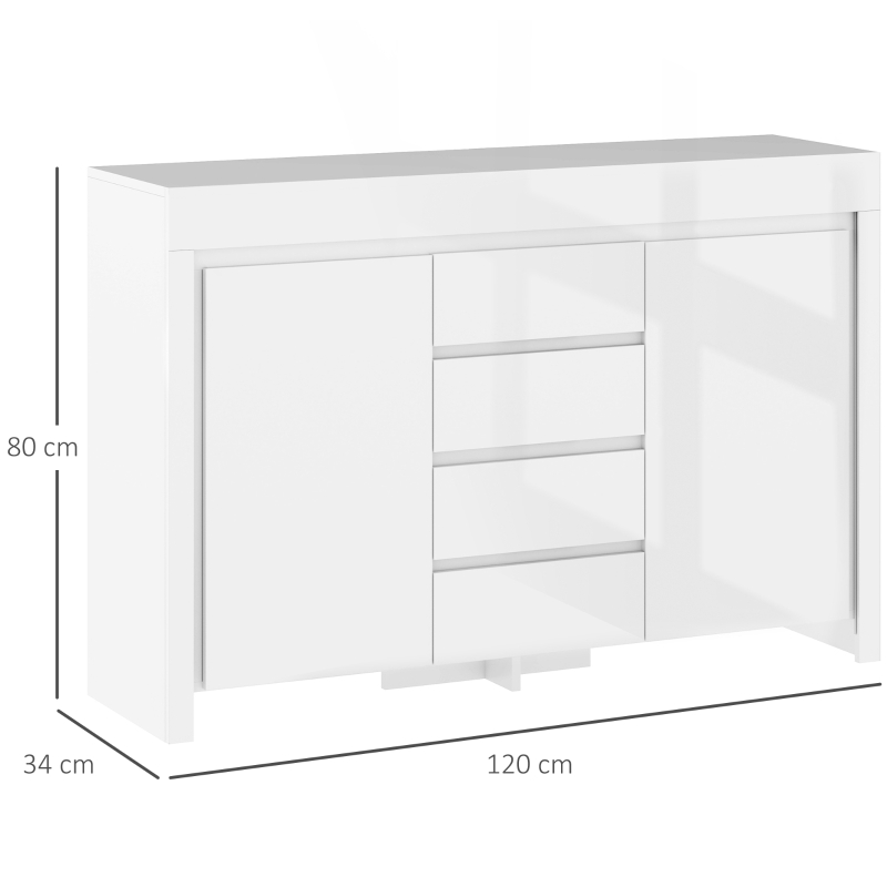 HOMCOM Aparador Sala de Estar com Luzes LED 4 Gavetas Prateleiras Ajustáveis e Controlo Remoto 120x34x80 cm Branco Brilhante