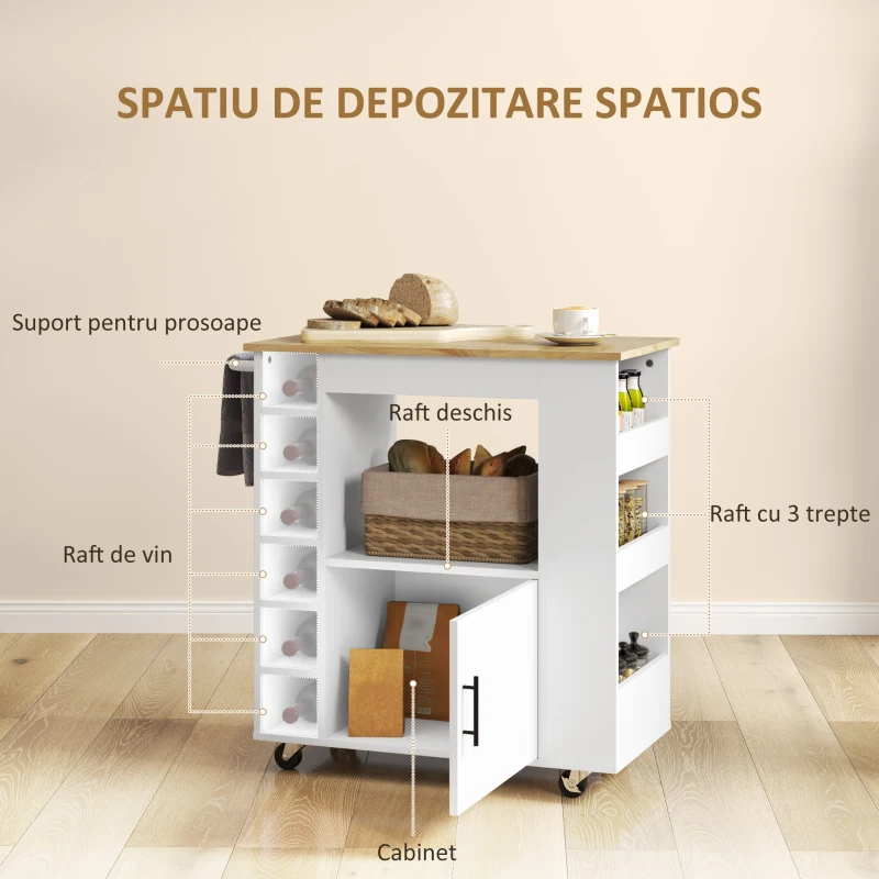 HOMCOM Insula de Bucatarie cu 6 Suporturi pentru Sticle, 3 Rafturi Laterale si Dulapior cu Balamale, 83x40x83 cm, Stejar