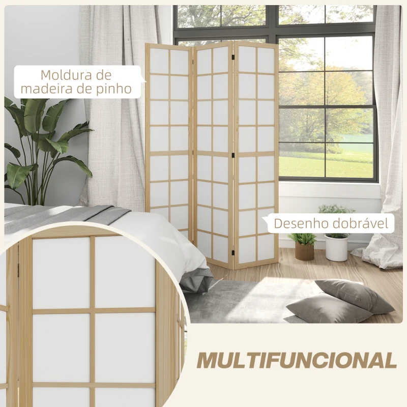 HOMCOM Biombo Dobrável de 3 Painéis Separador de Ambientes de Interior para Sala de Estar Dormitório e Escritório 120x170 cm Madeira e Branco