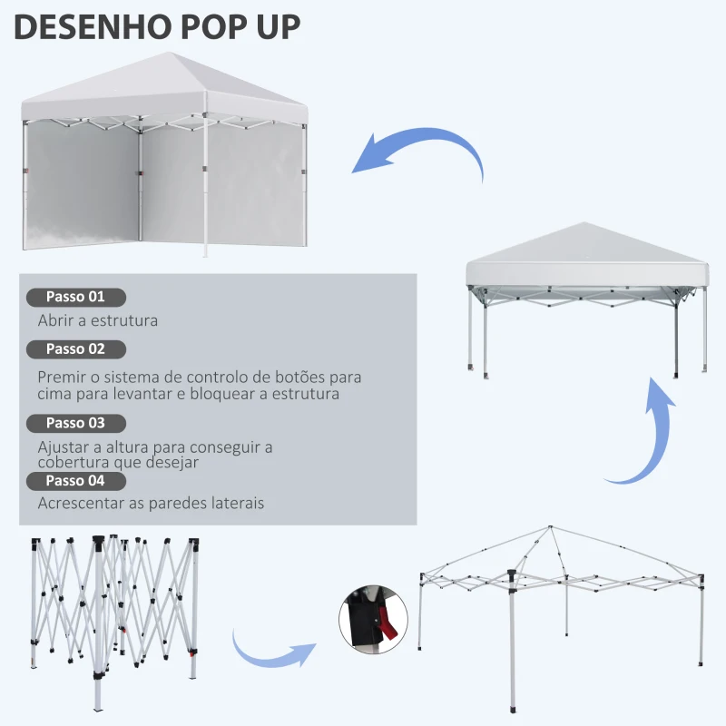 Outsunny Tenda Dobrável Pop-up 297x297x288 cm com 2 Paredes Laterais Anti-UV Altura Ajustável em 3 Níveis e Bolsa de Transporte Branco