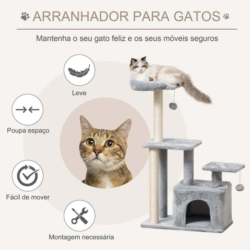 PawHut Arranhador para Gatos Altura 114 cm com Postes de Sisal 3 Plataformas Caverna e 2 Bolas Suspensas Cinza Claro
