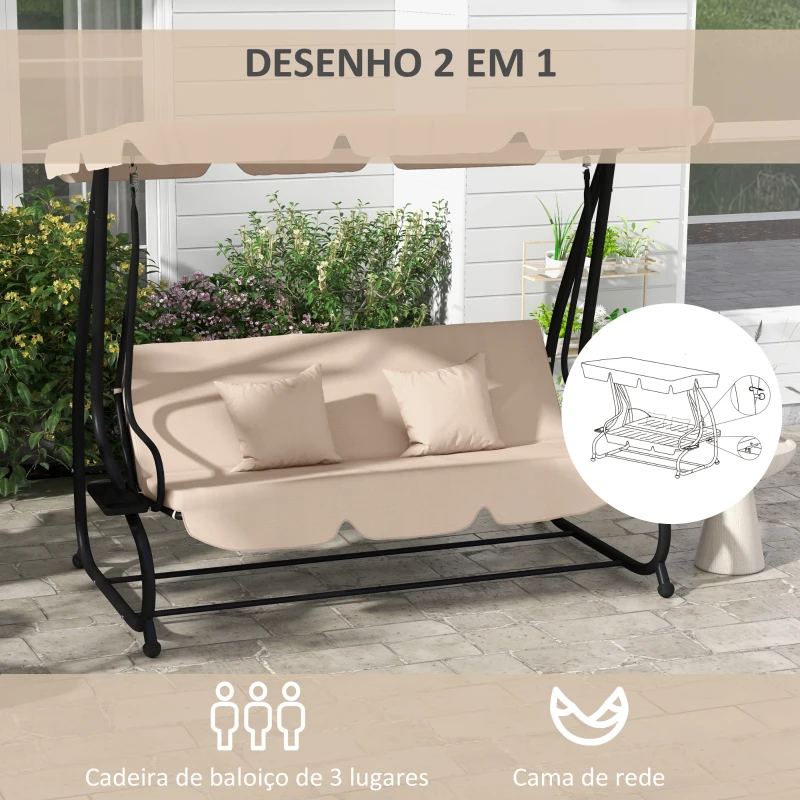 Outsunny Banco Baloiço de Jardim com 3 Lugares 2 em 1 com Toldo Ajustável Bandejas Laterais e Almofadas p 200x120x164 cm Bege
