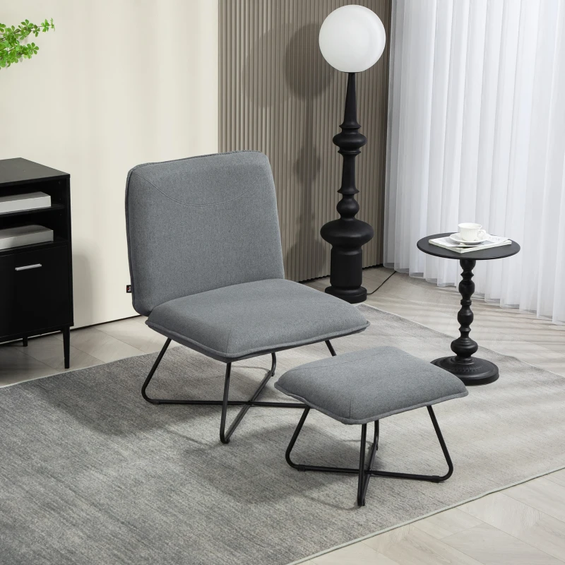 HOMCOM Poltrona Sala de Estar com Apoio para os Pés Poltrona Relax com Pés de Aço em Forma de Cruz Cinza Escuro