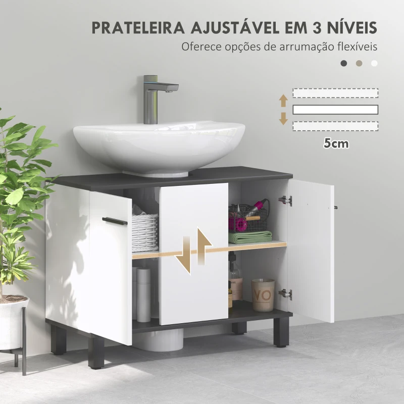 HOMCOM Móvel para Lavatório Pousar Móvel Casa de Banho com 2 Portas e Prateleira Ajustável para Lavatório com ou sem Pedestral 80x34x60 cm Branco Brilhante