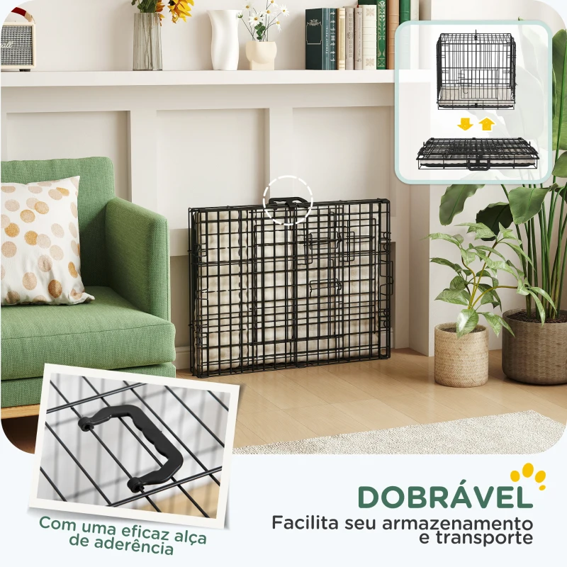 PawHut Gaiola para Cães Dobrável com Almofada com 2 Portas Alça de Transporte Bandeja Removível 60x40x50 cm Preto e Bege