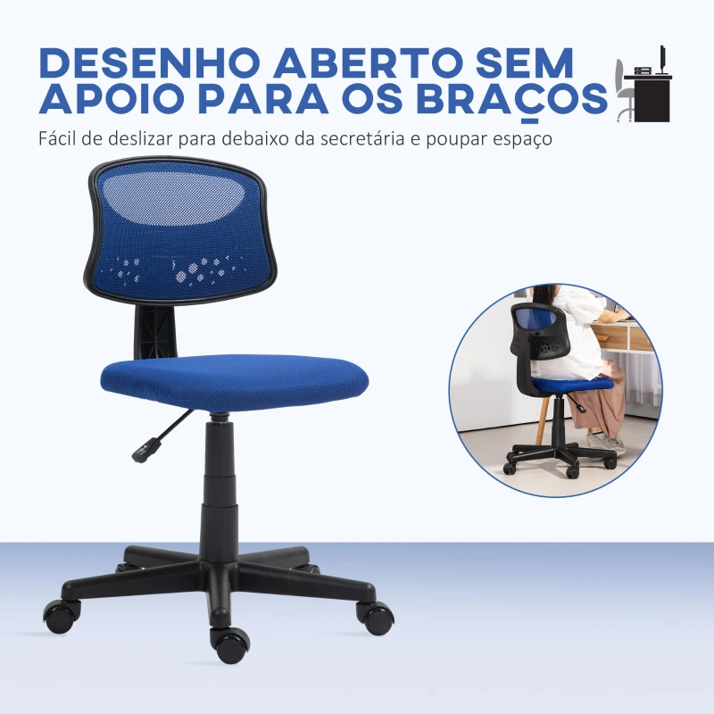 HOMCOM Cadeira de Escritório sem Apoio para os Braços com Encosto de Malha Respirável Altura Ajustável 43x48x78-88 cm Azul