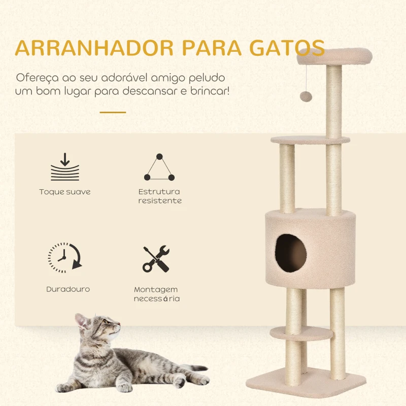 PawHut Arranhador para Gatos Altura 148 cm Arranhador para Gatos com Postes de Sisal 3 Plataformas Casa e Bola Suspensa Bege
